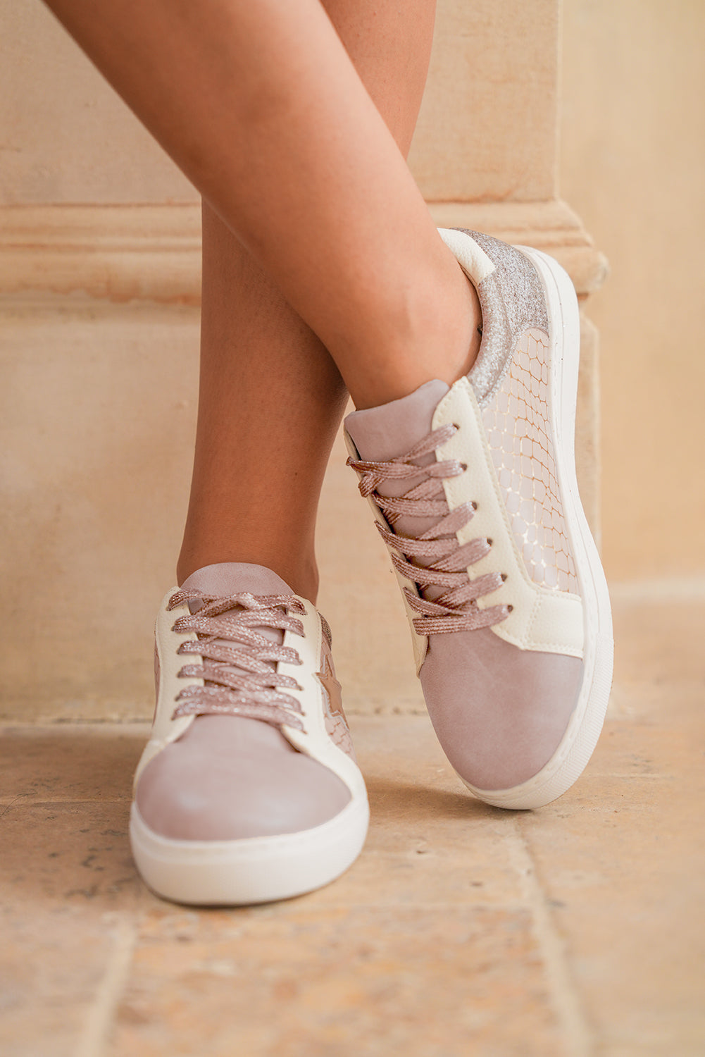 Gold Glitter Star Patchwork PU Leather Lace Up Sneakers