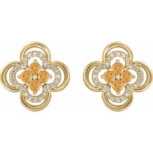 14K Yellow Gold Natural Citrine & 1/5 CTW Natural Diamond Clover Earrings