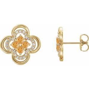 14K Yellow Gold Natural Citrine & 1/5 CTW Natural Diamond Clover Earrings