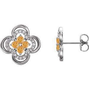 14K White Gold Natural Citrine & 1/5 CTW Natural Diamond Clover Earrings
