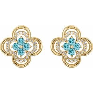 14K Yellow Gold Natural Blue Zircon & 1/5 CTW Natural Diamond Clover Earrings