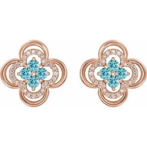 14K Rose Gold Natural Blue Zircon & 1/5 CTW Natural Diamond Clover Earrings