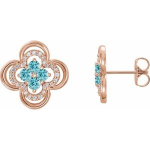 14K Rose Gold Natural Blue Zircon & 1/5 CTW Natural Diamond Clover Earrings