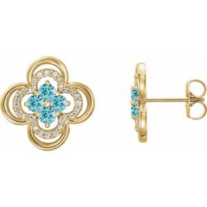14K Yellow Gold Natural Blue Zircon & 1/5 CTW Natural Diamond Clover Earrings