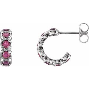 14K White Gold Natural Pink Tourmaline Hoop Earrings