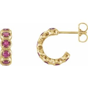 14K Yellow Gold Natural Pink Tourmaline Hoop Earrings