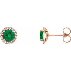 14K Rose Gold 3 mm Natural Emerald & 1/10 CTW Natural Diamond Earrings