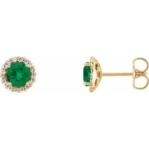14K Yellow Gold 3.5 mm Lab-Grown Emerald & 1/10 CTW Natural Diamond Earrings
