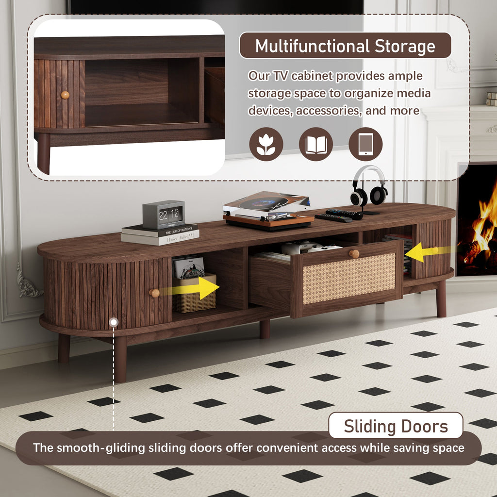 Modern Design TV Stand for 75' TVs, Media Console TV Cabinet with Rattan-Front Drawer for Living Room, 1 Drawer and 2 Sliding-Door Cabinets