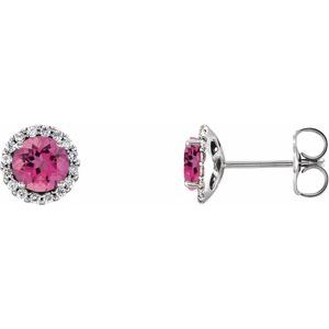 14K White Gold 4 mm Natural Pink Tourmaline & 1/10 CTW Natural Diamond Earrings