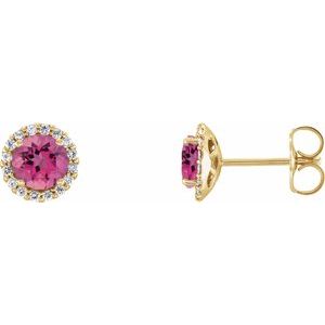 14K Yellow Gold 4 mm Natural Pink Tourmaline & 1/10 CTW Natural Diamond Earrings