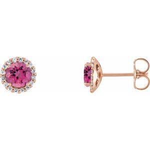 14K Rose Gold 3.5 mm Natural Pink Tourmaline & 1/10 CTW Natural Diamond Earrings