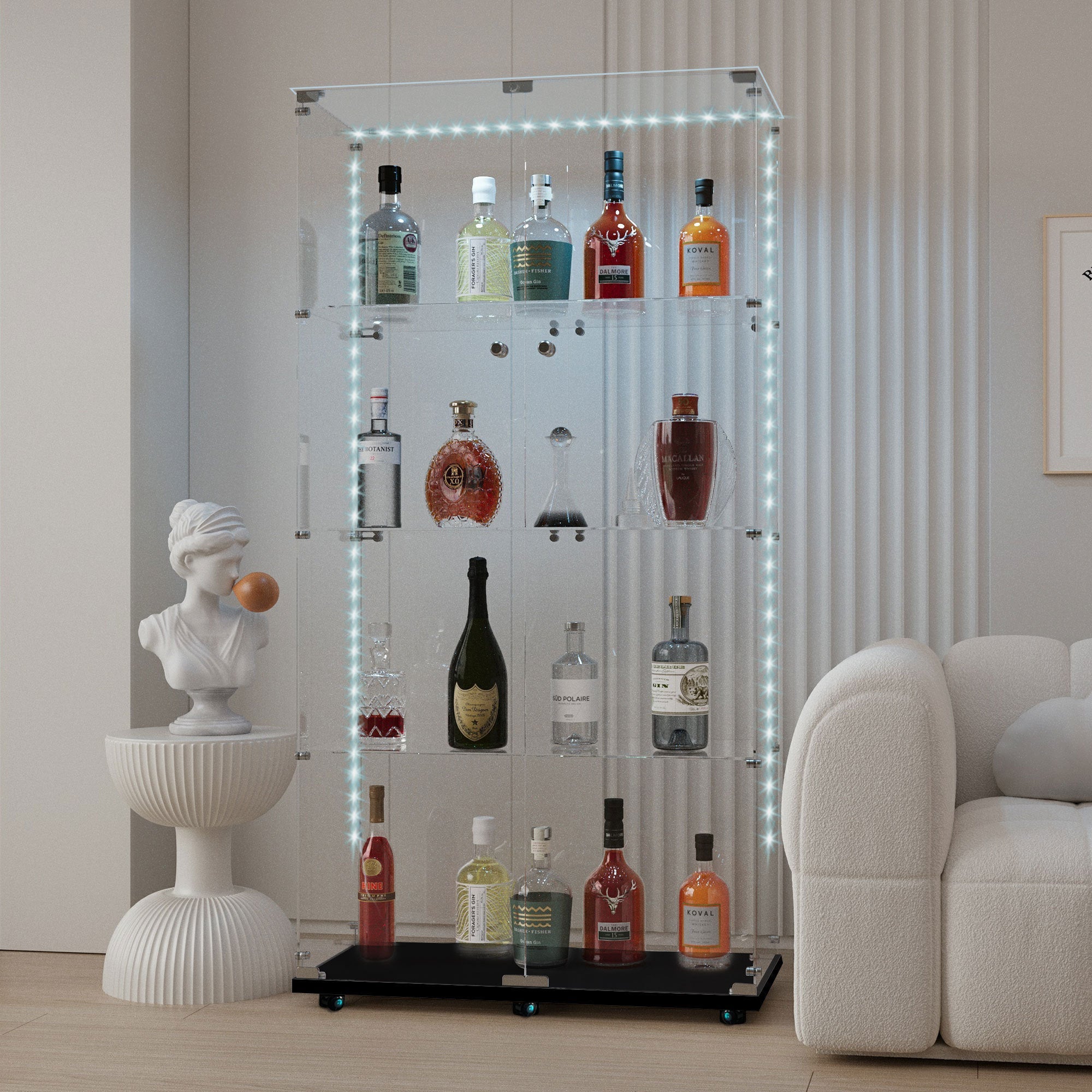 Tempered glass display cabinet,wine cabinet, storage cabinet,file cabinet,with Bluetooth LED strip,can be controlled by remote control or mobile APP,swivel casters,can be placed anywhere, color:black