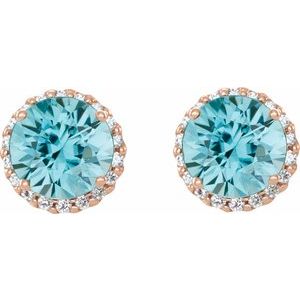 14K Rose Gold 4 mm Natural Blue Zircon & 1/10 CTW Natural Diamond Earrings – image 2
