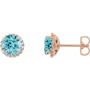 14K Rose Gold 3 mm Natural Blue Zircon & 1/10 CTW Natural Diamond Earrings