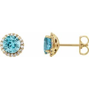 14K Yellow Gold 3 mm Natural Blue Zircon & 1/10 CTW Natural Diamond Earrings