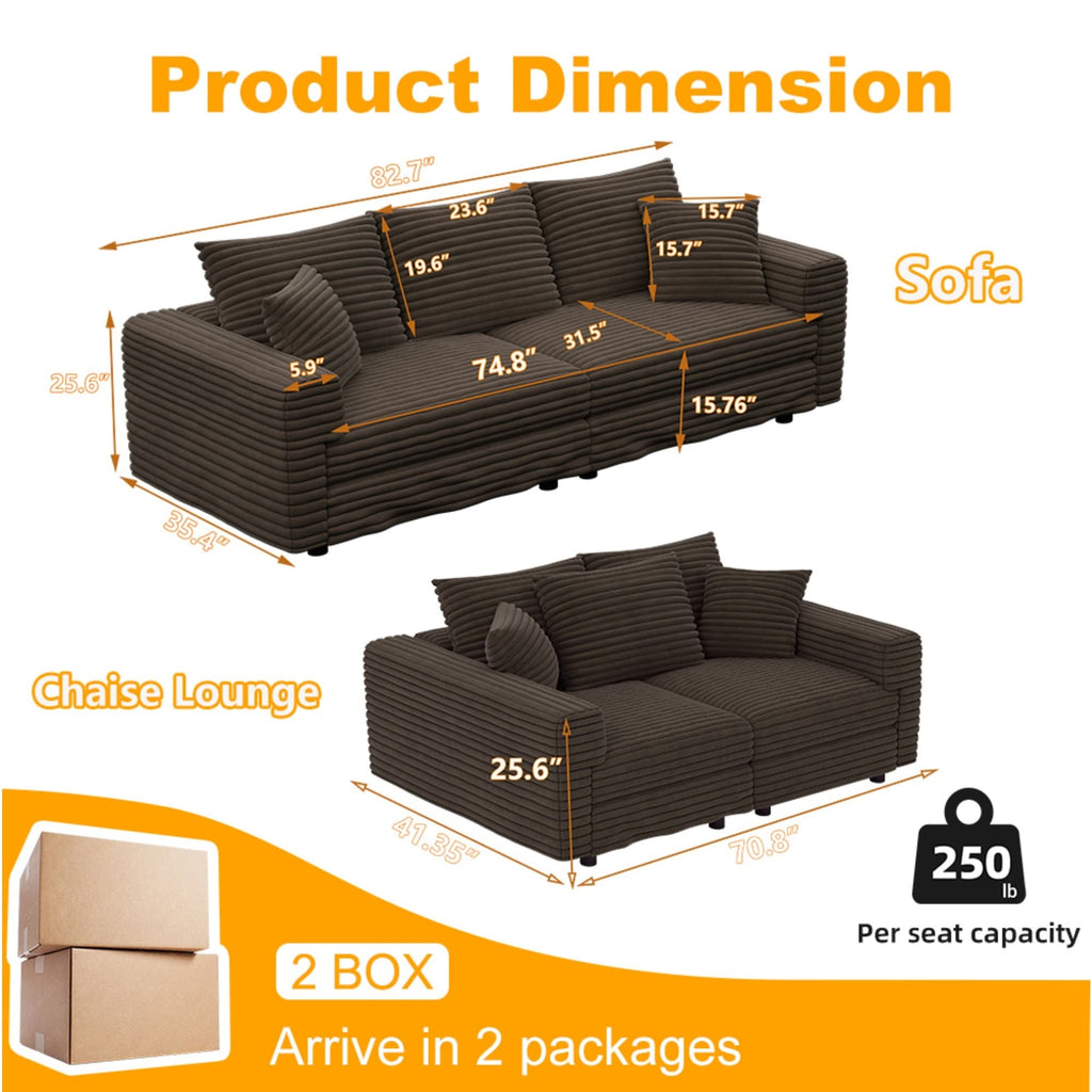 82.7 ' Plush Corduroy 3-Seat Sofa, Modern Comfy Upholstered Sofa Cloud Couch, Deep Seat Couches with Soft Pillows and 1 Ottomans, Convertible Sofa Lounge Chair, for Living Room,Apartment,Office,Camel