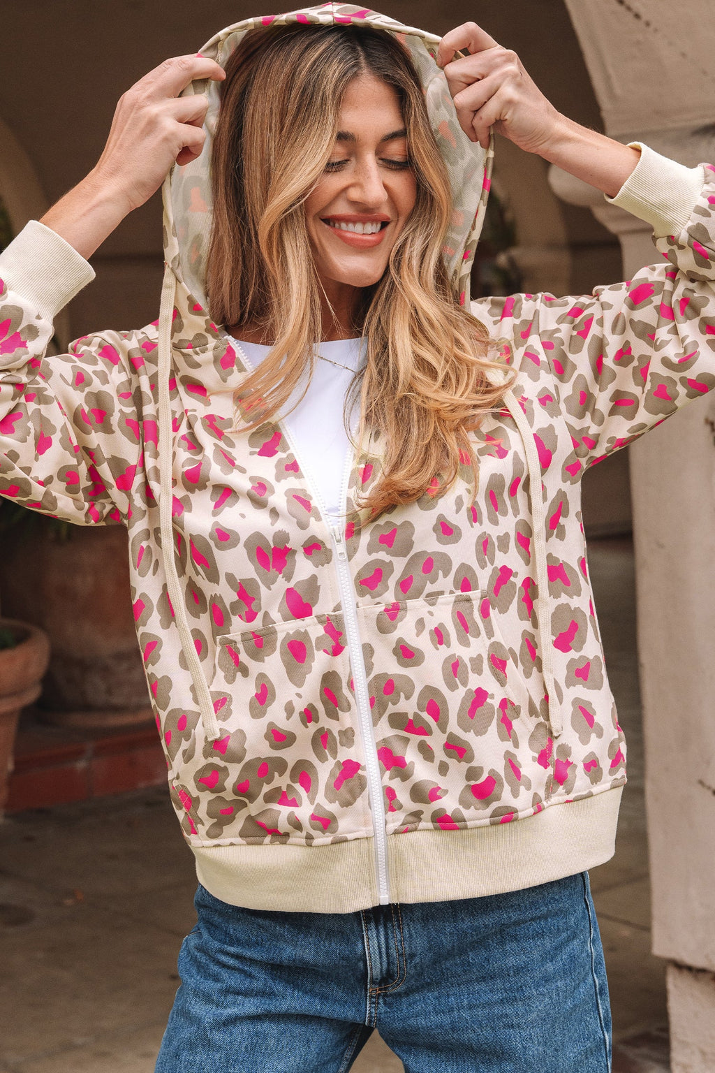 Leopard Zip-Up Hooded Sweatshirt