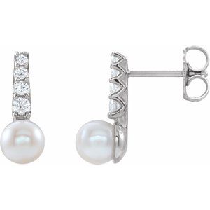 Platinum Cultured White Freshwater Pearl & 1/6 CTW Natural Diamond Earrings