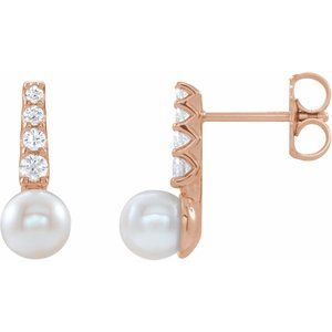 14K Rose Gold Cultured White Freshwater Pearl & 1/6 CTW Natural Diamond Earrings