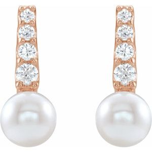 14K Rose Gold Cultured White Freshwater Pearl & 1/6 CTW Natural Diamond Earrings