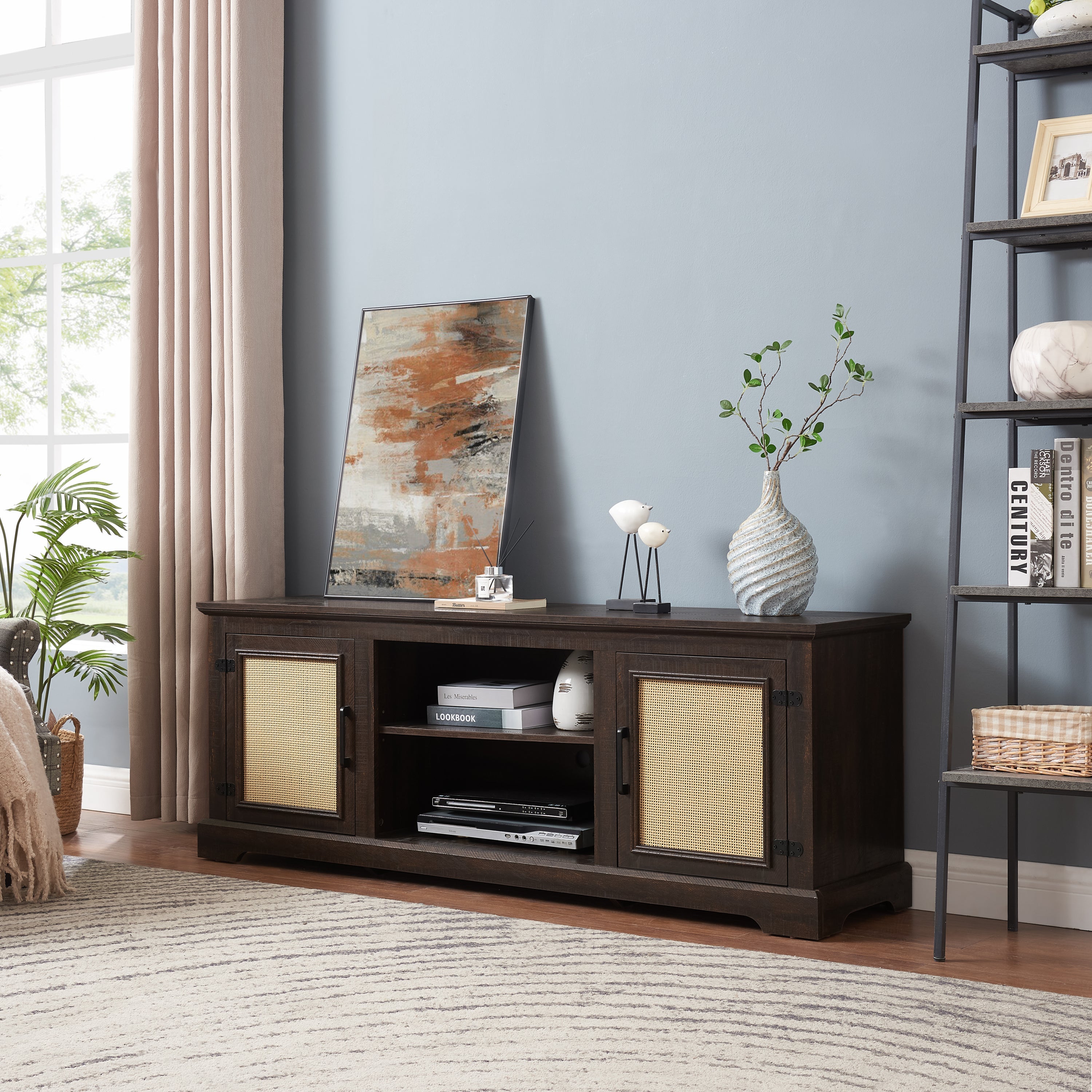 Farmhouse Rattan TV Stand Console Table for TVs up to 70 Inches, TV Console Table with 2 Storage Shelves, 2 Natural Rattan Door Cabinets, 65'W*15.55'D*23.86'H, Espresso