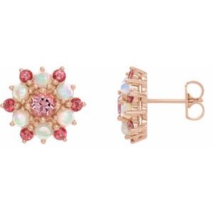 14K Rose Gold Natural Pink Tourmaline & Natural Ethiopian Opal Cabochon Earrings