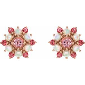14K Rose Gold Natural Pink Tourmaline & Natural Ethiopian Opal Cabochon Earrings