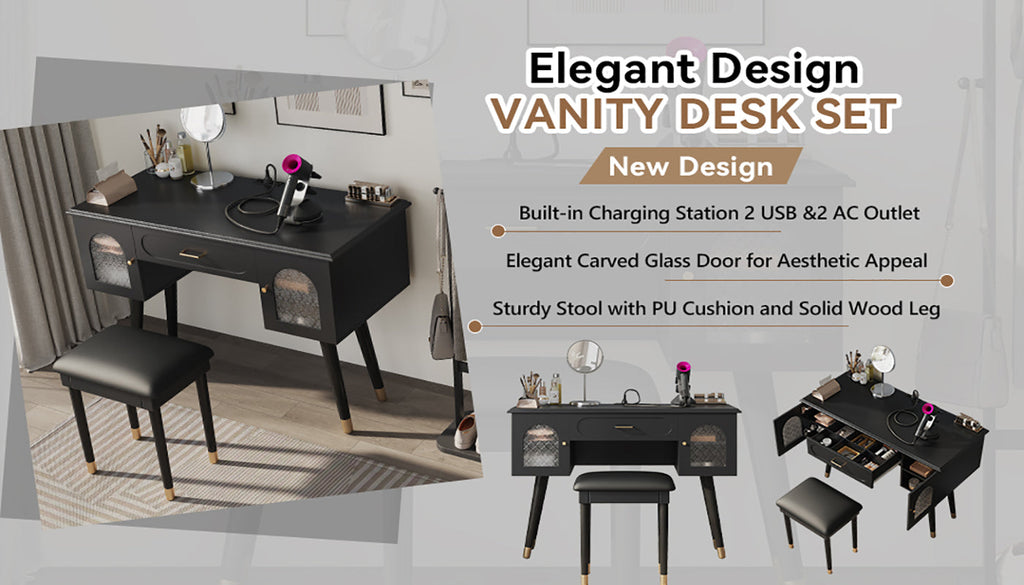 Elegant Vanity Makeup Table & Chair Set, Modern Dressing Table with Organizer, Writing Desk, Charging Port, Black