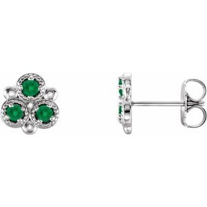 Platinum Natural Emerald Three-Stone Earrings