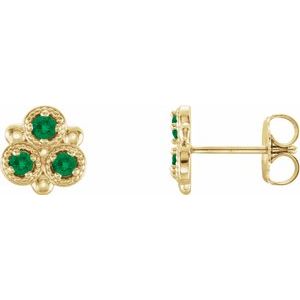 14K Yellow Gold Lab-Grown Emerald Three-Stone Earrings