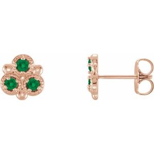 14K Rose Gold Natural Emerald Three-Stone Earrings