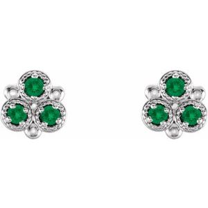 14K White Gold Natural Emerald Three-Stone Earrings – image 2