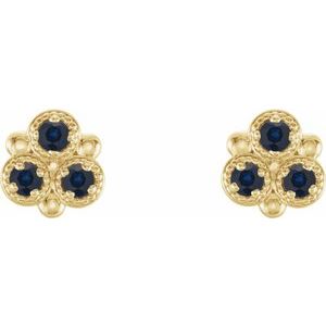 14K Yellow Gold Lab-Grown Blue Sapphire Three-Stone Earrings – image 2