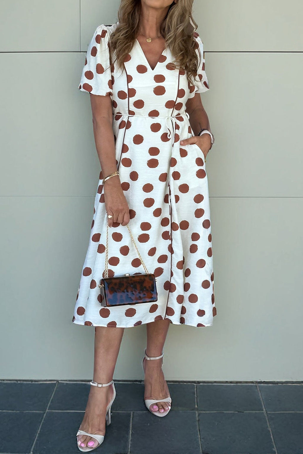 Polka Dot V-Neck Short Sleeve Midi Dress