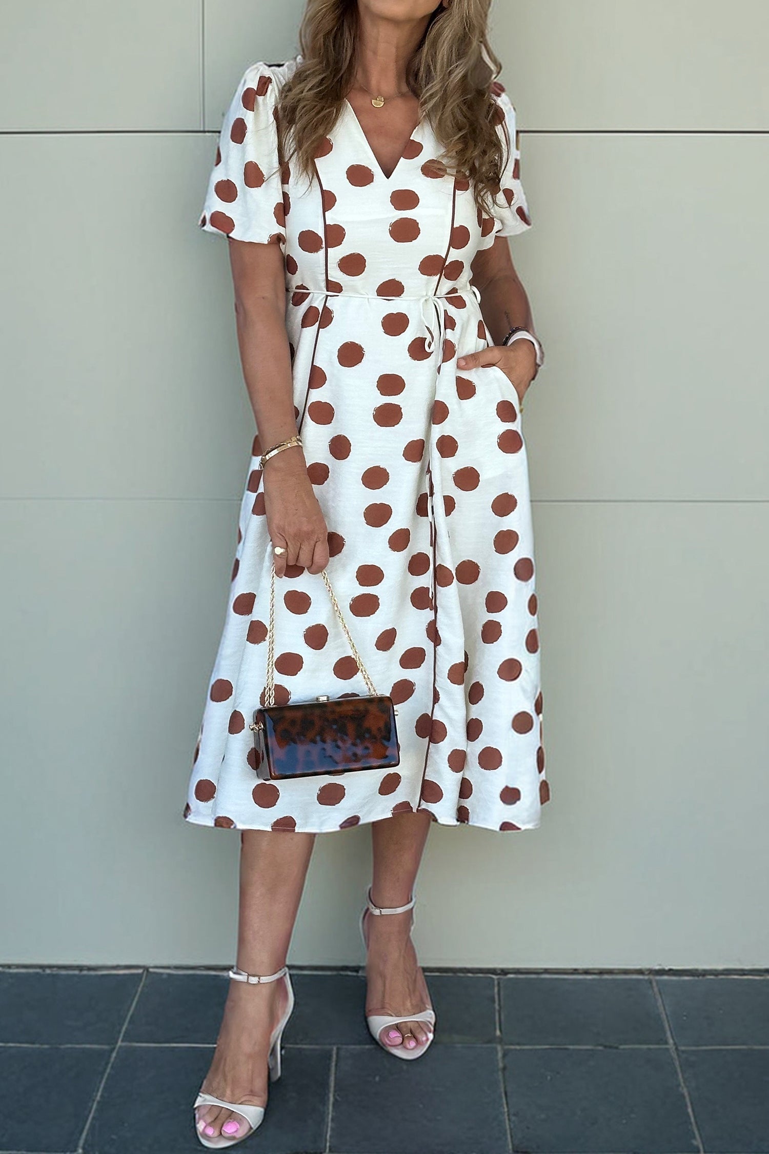 Polka Dot V-Neck Short Sleeve Midi Dress