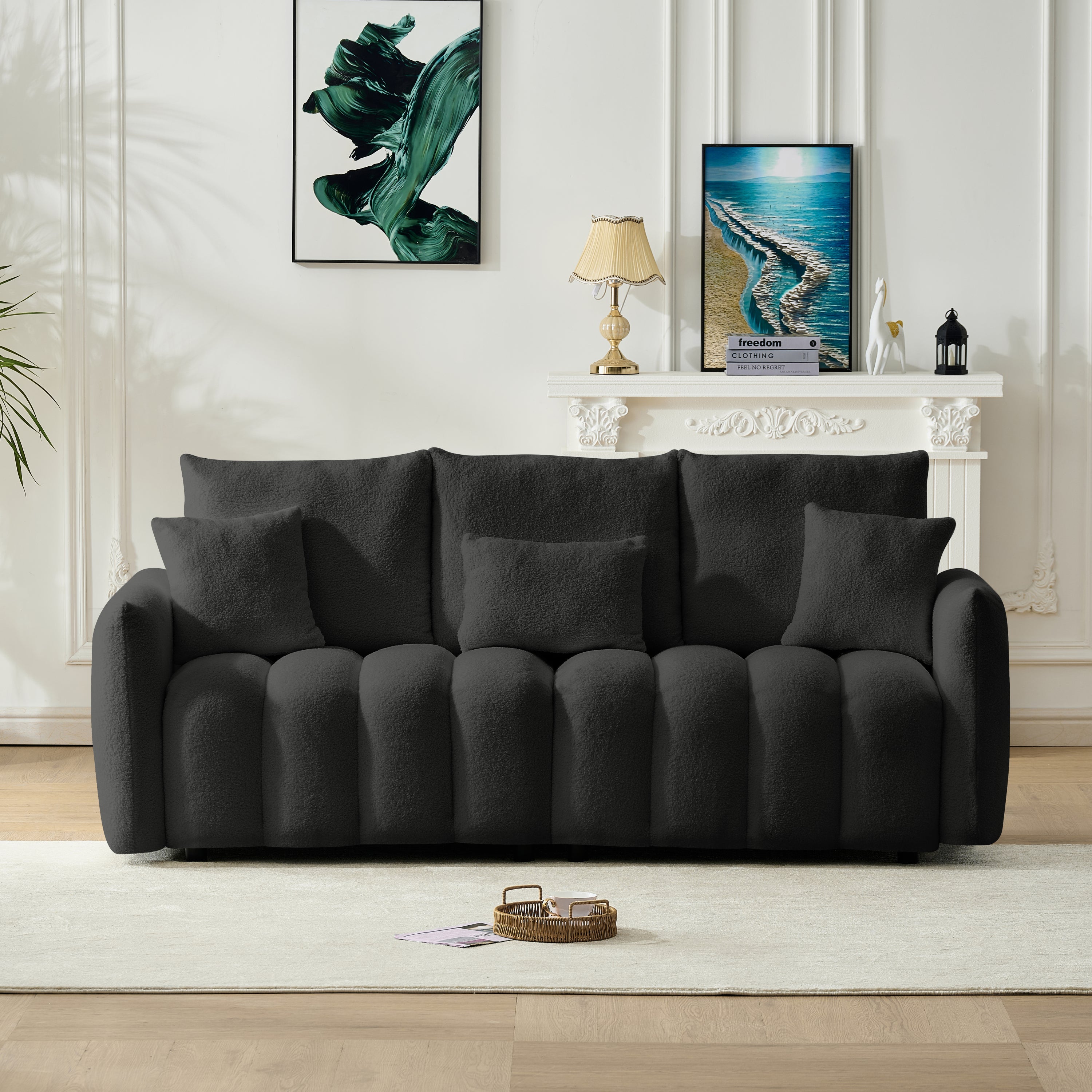 80.7 inch premium Teddy fabric sofa with 3 back pillows and 3 back cushions Solid wood frame 3 seat sofa with oversized upholstered chair for living room, bedroom, apartment and office