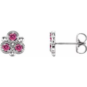 14K White Gold Natural Pink Tourmaline Three-Stone Earrings