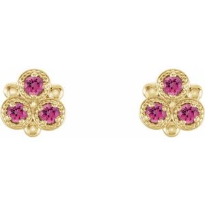 14K Yellow Gold Natural Pink Tourmaline Three-Stone Earrings
