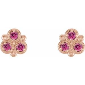 14K Rose Gold Natural Pink Tourmaline Three-Stone Earrings