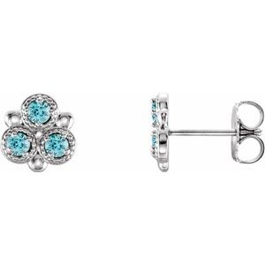 14K White Gold Natural Blue Zircon Three-Stone Earrings
