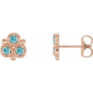14K Rose Gold Natural Blue Zircon Three-Stone Earrings
