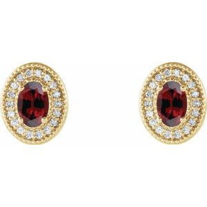 14K Yellow Gold 6x4 mm Natural Mozambique Garnet & 1/5 CTW Natural Diamond Halo-Style Earrings
