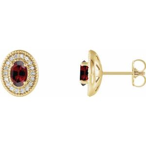 14K Yellow Gold 6x4 mm Natural Mozambique Garnet & 1/5 CTW Natural Diamond Halo-Style Earrings