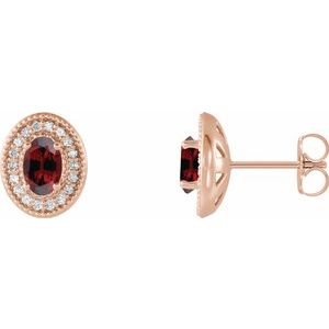 14K Rose Gold 7x5 mm Natural Mozambique Garnet & 1/6 CTW Natural Diamond Halo-Style Earrings