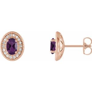 14K Rose Gold 7x5 mm Natural Amethyst 1/6 CTW Natural Diamond Halo-Style Earrings