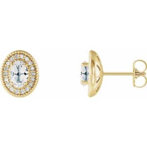 14K Yellow Gold 6x4 mm Natural White Sapphire & 1/5 CTW Natural Diamond Halo-Style Earrings