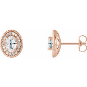 14K Rose Gold 6x4 mm Natural White Sapphire & 1/5 CTW Natural Diamond Halo-Style Earrings