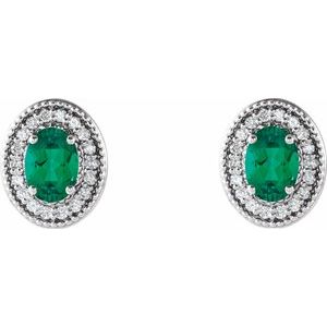 Sterling Silver 7x5 mm Lab-Grown Emerald 1/6 CTW Natural Diamond Halo-Style Earrings – image 2