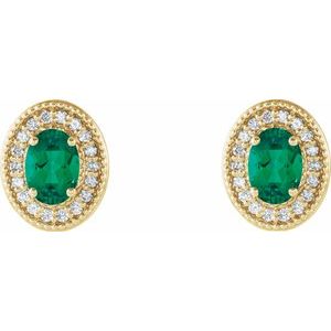 14K Yellow Gold 7x5 mm Lab-Grown Emerald 1/6 CTW Natural Diamond Halo-Style Earrings – image 2
